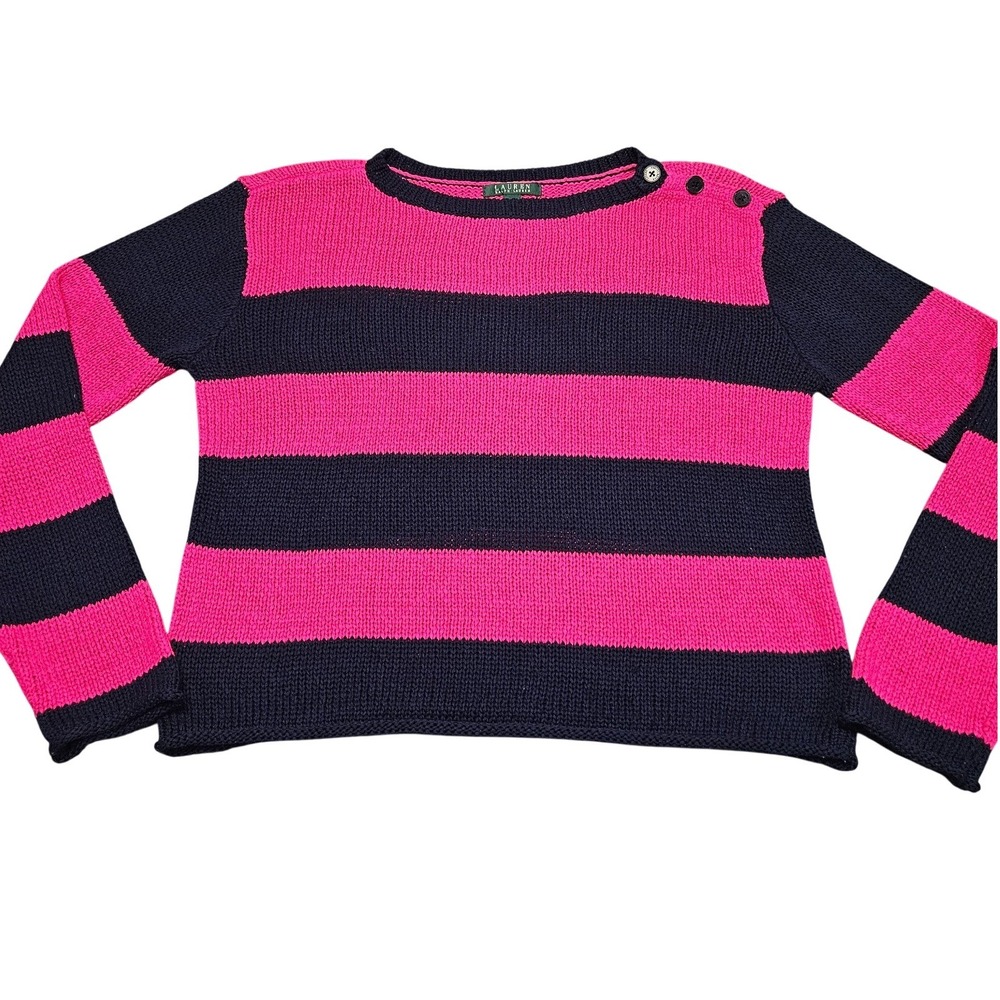 Lauren Ralph Lauren Sweater Womens XL Pink Navy Striped Boat Neck Preppy Coastal